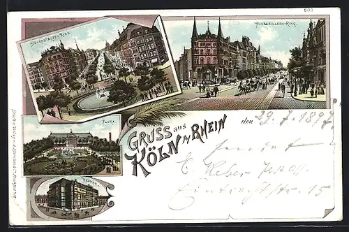 Lithographie Köln-Neustadt, Hohenzollern-Ring, Hohenstaufen-Ring, Theater, Flora