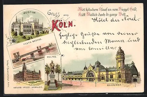 Lithographie Köln, Museum, Neue Post, Bahnhof, Moltke-Denkmal