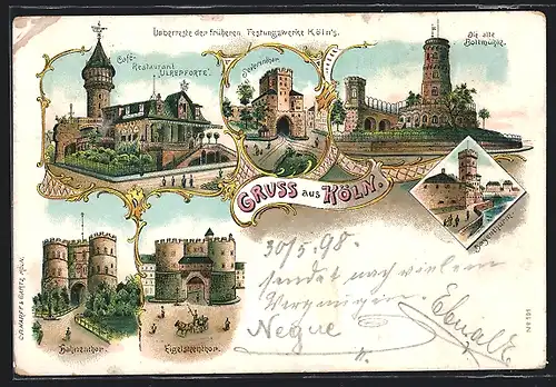 Lithographie Köln-Neustadt, Café-Restaurant Ulrepforte, Hahnenthor, Eigelsteenthor, Severinthor, alte Bottmühle