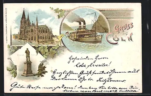 Lithographie Cöln, Dom, Bismarck-Denkmal, Dampfer