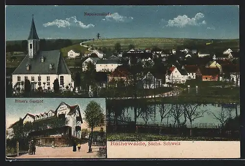 AK Rathewalde /Sächs. Schweiz, Gasthof Ritter, Ortsansicht mit Kirche