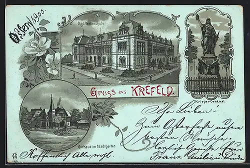 Mondschein-Lithographie Krefeld, Kgl. Webeschule, Krieger-Denkmal, Kurhaus im Stadtgarten