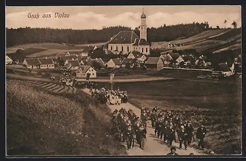 AK Violau, Prozession vor dem Ort