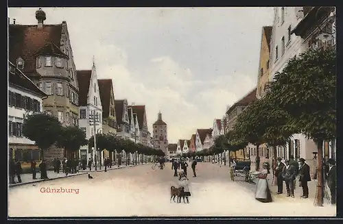 AK Günzburg, Hautstrasse mit Passanten und Hund