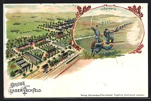 Lithographie Lechfeld /Truppenlager, Totalansicht, Infanterie beim Schiessen