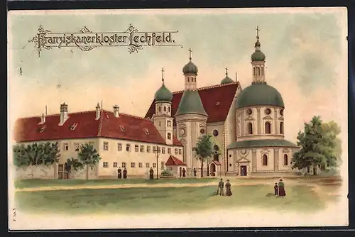 Lithographie Lechfeld, Ansicht vom Franziskanerkloster