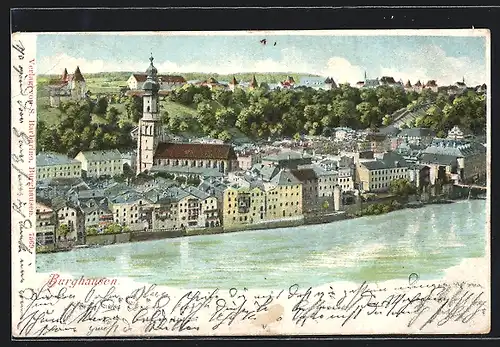 AK Burghausen / Salzach, Ortsansicht am Wasser mit Kirche
