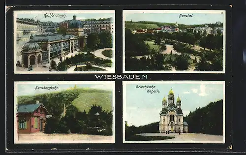 AK Wiesbaden, Kochbrunnen, Nerotal, Nerobergbahn, Griechische Kapelle
