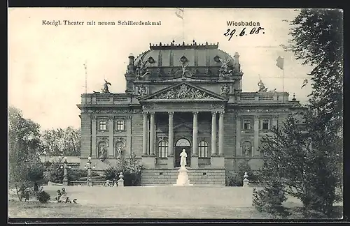 AK Wiesbaden, Königl. Theater mit neuem Schillerdenkmal