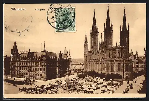 AK Wiesbaden, Marktplatz mit Wochenmarkt