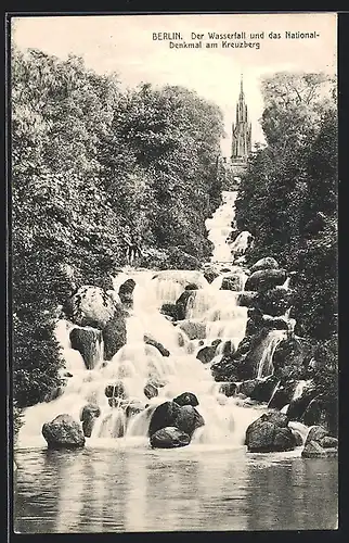 AK Berlin, Der Wasserfall und das National-Denkmal am Kreuzberg