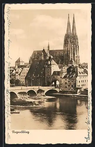 AK Regensburg, Uferpartie mit Kirche