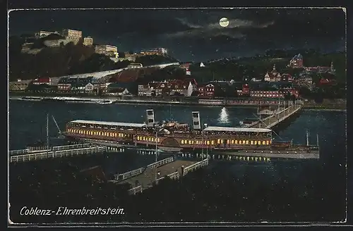 AK Coblenz-Ehrenbreitstein, Uferpartie mit Dampfer bei Mondschein