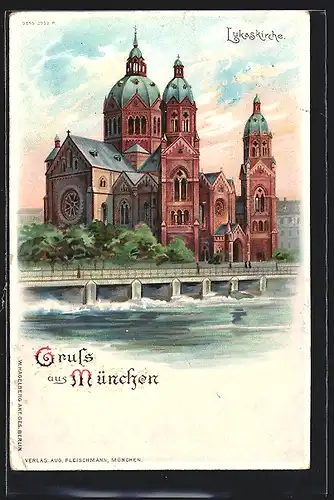 Lithographie München, Lukaskirche von der Isar betrachtet