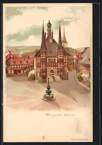 Lithographie Wernigerode, Partie am Rathaus