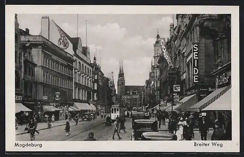 AK Magdeburg, Strasse Breiter Weg mit Strassenbahn