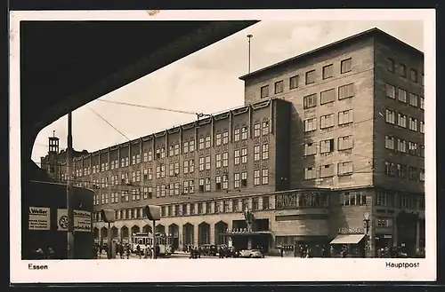 AK Essen, Hauptpost und Strassenbahn der Linie 13, Laden J. Grindel