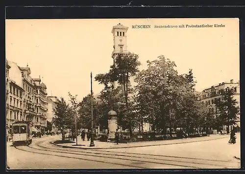 AK München, Sonnenstrasse mit protestantischer Kirche