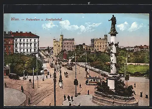 AK Wien, Praterstern mit Strassenbahn und Nordbahnhof