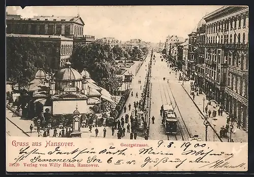 AK Hannover, Georgstrasse mit Strassenbahn aus der Vogelschau