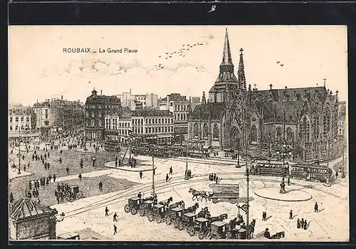 AK Roubaix, La Grand Place, Strassenbahn