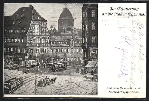 Künstler-AK Chemnitz, Strasse mit Strassenbahnen und Kutschen