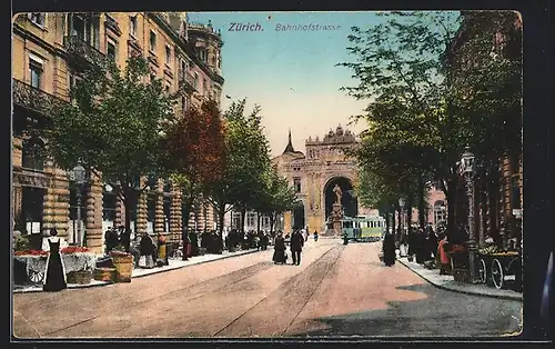 AK Zürich, Strassenpartie mit Strassenbahn