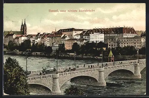 AK Basel, neue mittlere Rheinbrücke mit Strassenbahn