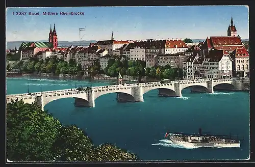 AK Basel, Mittlere Rheinbrücke mit Strassenbahn und Dampfer