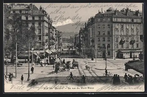 AK Geneve, La rue du Mont-Blanc, Strassenbahn