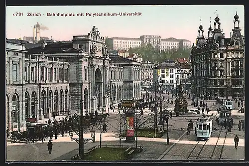 AK Zürich, Bahnhofplatz u. Polytechnikum, Strassenbahn