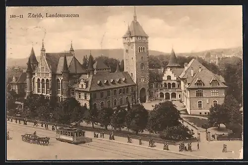 AK Zürich, Landesmuseum mit Strassenbahn