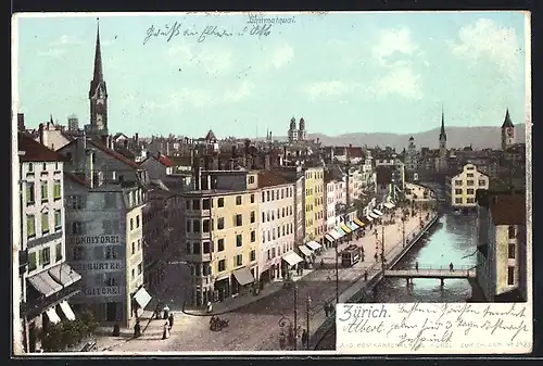 AK Zürich, Am Limmatquai, Strassenbahn