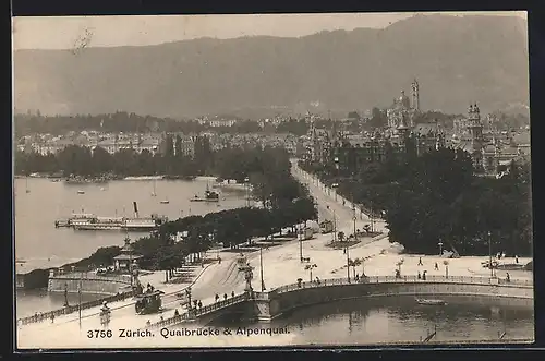 AK Zürich, Quaibrücke mit Strassenbahn und Alpenquai