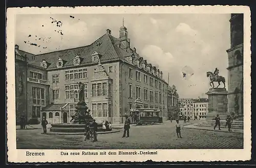 AK Bremen, Das neue Rathaus mit Strassenbahn