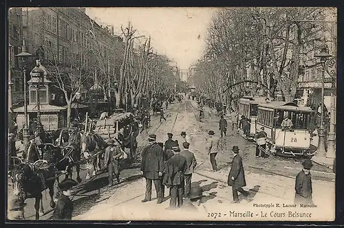 AK Marseille, Le Cours Belsunce, Strassenbahn