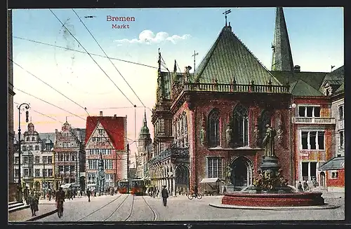 AK Bremen, Springbrunnen am Markt mit Strassenbahn