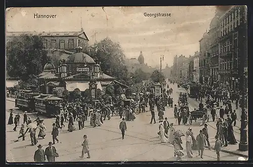 AK Hannover, Georgstrasse mit Cafe Kröpcke, Kutschen und Strassenbahnen