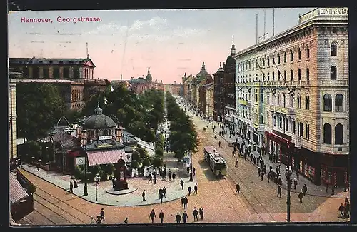 AK Hannover, Georgstrasse mit Café Kröpcke, Strassenbahn