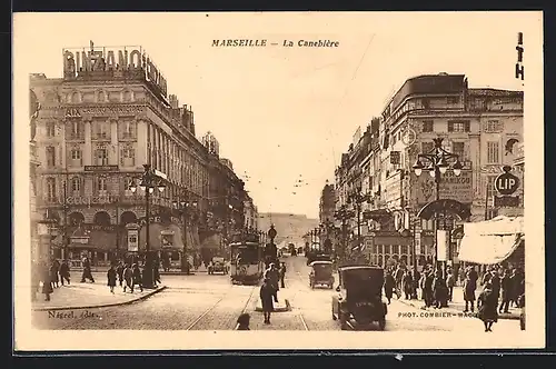 AK Marseille, La Canebière, Strassenbahn