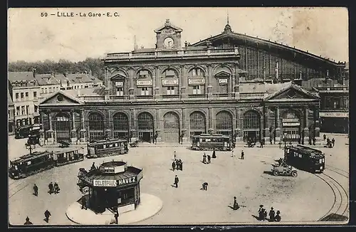 AK Lille, La Gare, Strassenbahn