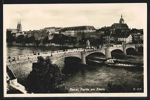 AK Basel, Dampfer passiert eine Rheinbrücke