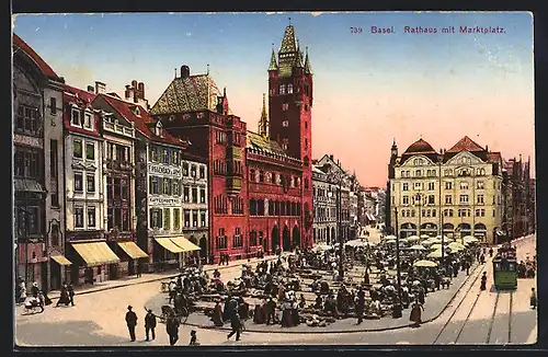 AK Basel, Strassenbahn am Rathaus mit Marktplatz