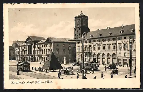 AK Karlsruhe, Platz mit Strassenbahn