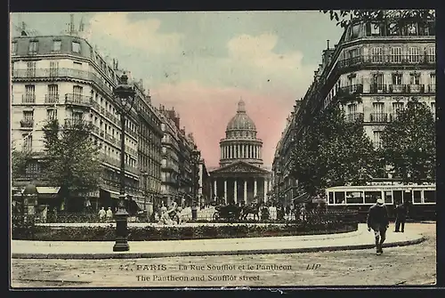 AK Paris, La Rue Soufflot et le Panthéon, Strassenbahn