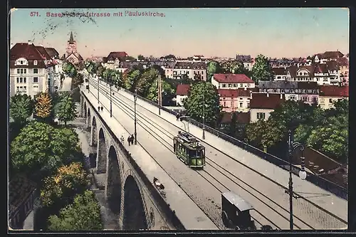AK Basel, Strassenbahn auf der Viaduktstrasse, mit Pauluskirche
