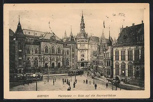 AK Bremen, Marktplatz mit Blick auf die Baumwollbörse, Strassenbahn