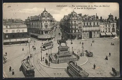 AK Orléans, la place du Martroi et la rue de la République, tramway, Strassenbahn