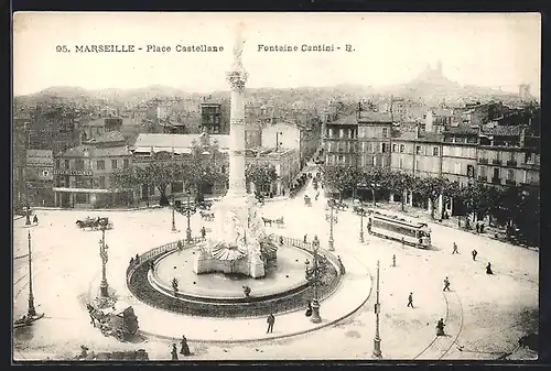 AK Marseille, Place Castellane, Fontaine Cantini, Strassenbahn