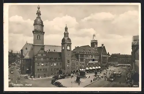 AK Chemnitz, Strassenbahnverkehr auf dem Marktplatz